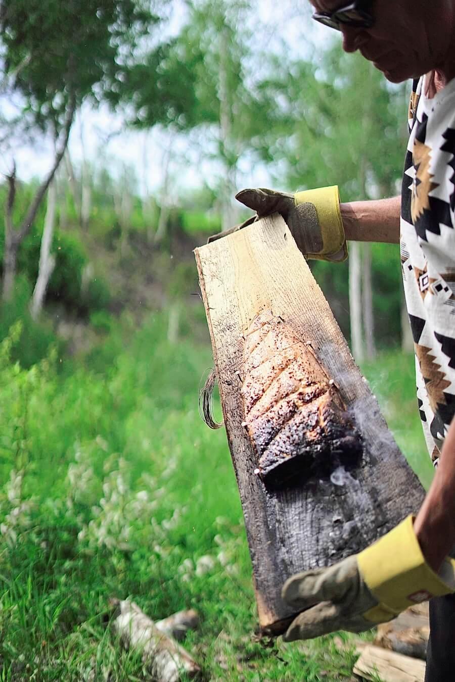 Cedar planked salmon by the river
